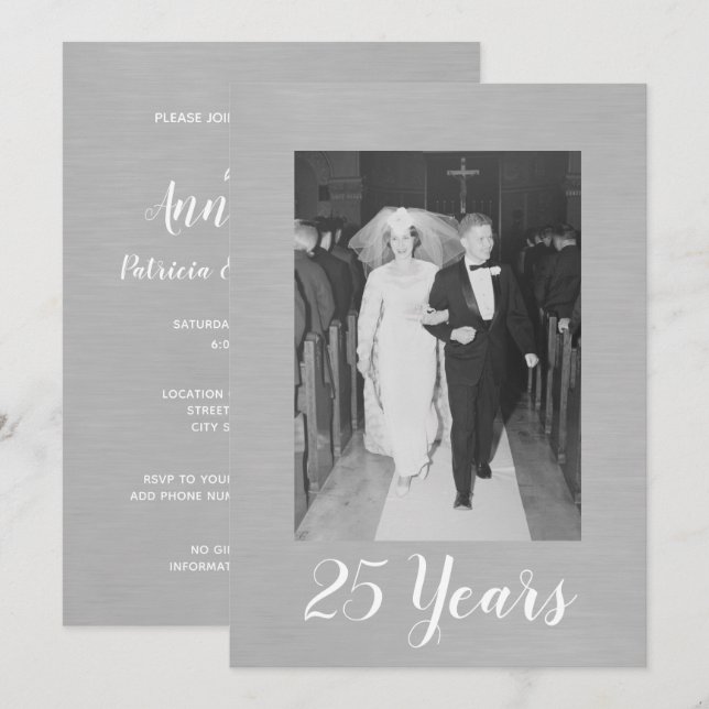 Convites Bodas de Prata de 25 Anos com Foto em Prata Polida (Frente/Verso)