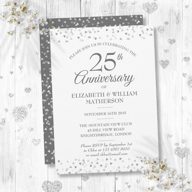 Convites Bodas de Prata de 25 Anos Corações de Amor Pratead (25th Wedding Anniversary Silver Love Hearts Invitation)