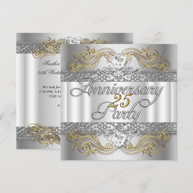 Convites Bodas de Prata de 25 Anos de Casamento Ouro Branco (Frente/Verso)