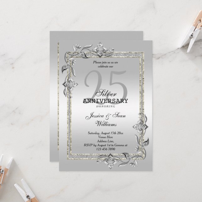 Convites Bodas de Prata de Gemas e Brilho 25º Aniversário d (Frente/Verso In Situ)