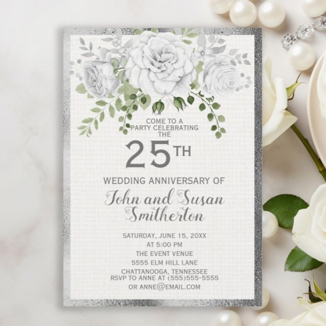 Convites Bodas de Prata Floral Branco Vigésimo Quinto Anive (Silver 25th anniversary invitation with beautiful white flowers and greenery)