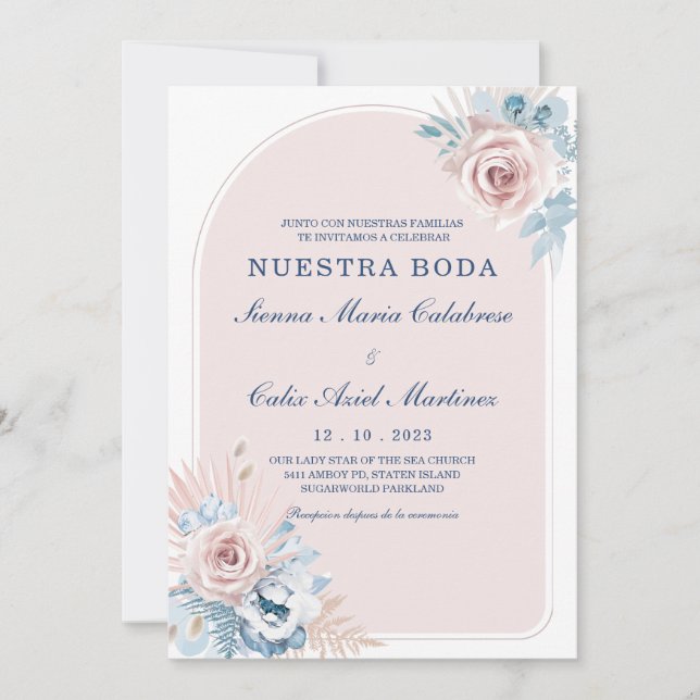 Convites Bodas en azul empolvado y rosa rubor (Frente)