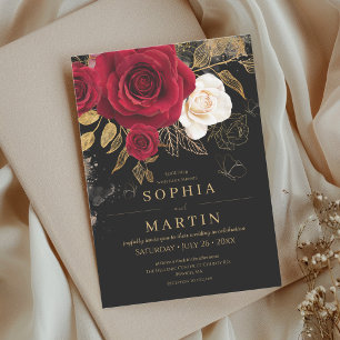 Convites Boêmia Rosas Vermelhas Dourado Flor Elegante Casam