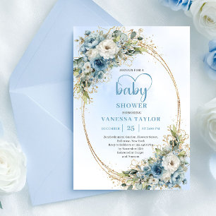 Convites Boêmio Azul Claro Floral Eucalipto Dourado Banho