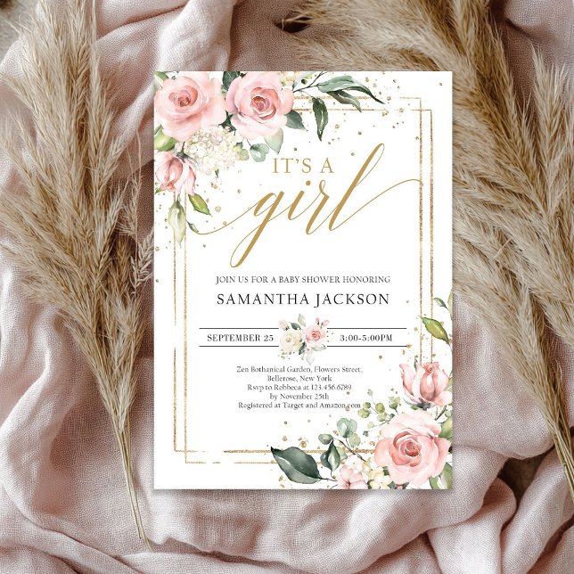 Convites Boêmio rosa floral dourado é uma menina bebê (Bohemian blush pink floral gold it's a girl baby invitation)