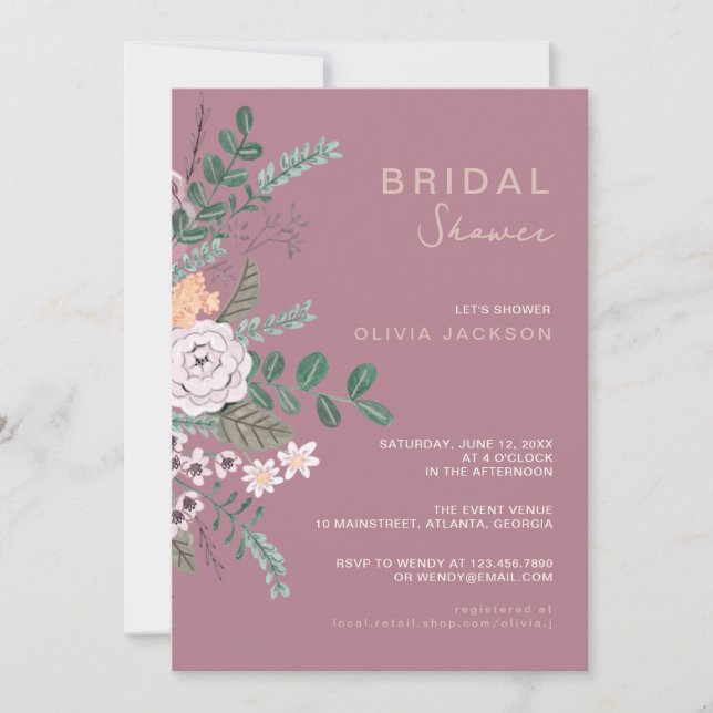 Convites Boêmio Verde & Mauve Chic Floral Flores Bridal  (Frente)