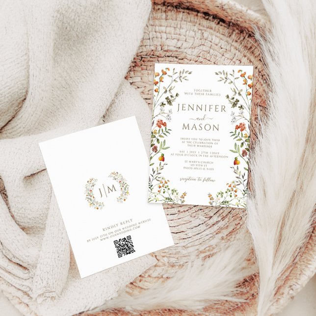 Convites Bohemian Autumn Meadow Flower Wreath Fall Wedding (Criador carregado)