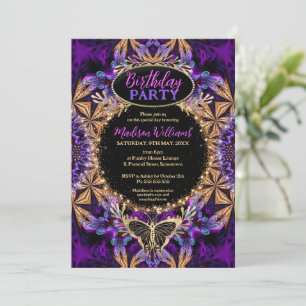Convites Bohemian Batik Purple Pink Sparkle Birthday