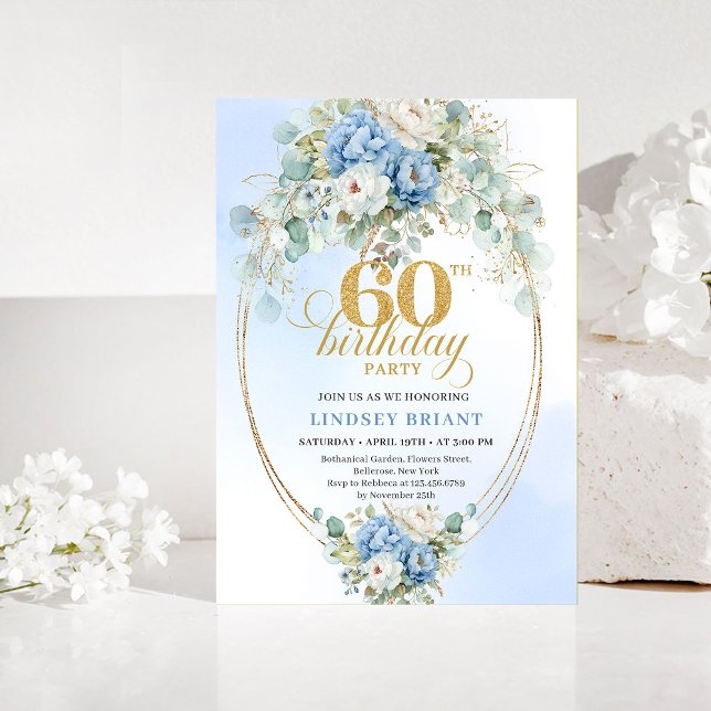 Convites Bohemian Blue Floral 60th Birthday Invitation (Bohemian Blue Floral 60th Birthday Invitation)