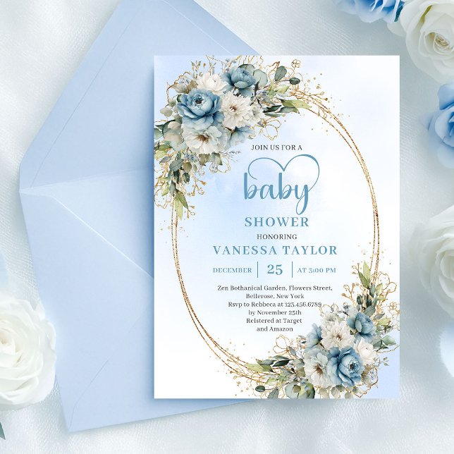 Convites Bohemian Blue Floral Eucalyptus Gold Baby Shower  (Bohemian Blue Floral Eucalyptus Gold Baby Shower Card)