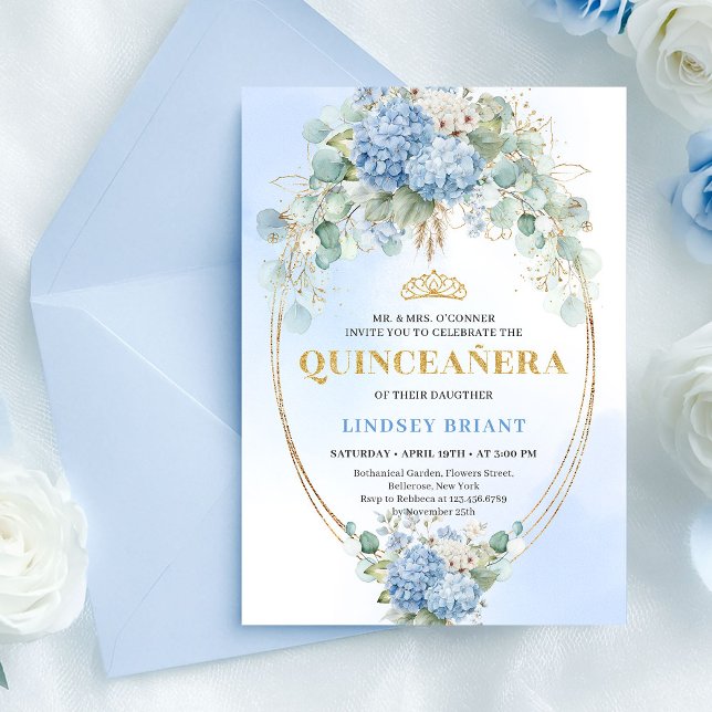 Convites Bohemian Blue Floral Eucalyptus Quinceañera Invite (Bohemian Blue Floral Eucalyptus Quinceañera Invite)
