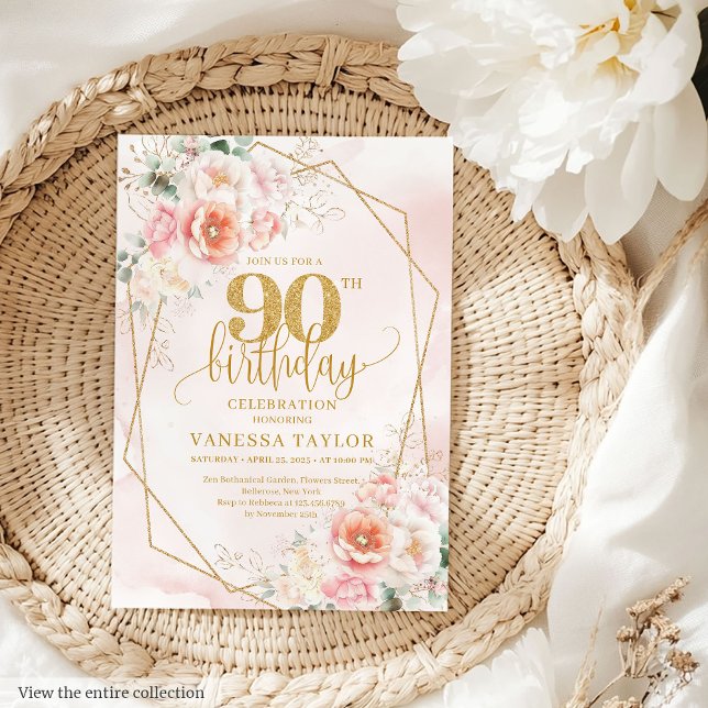 Convites Bohemian Blush Dourado Floral 90 Rosa Aniversário (Bohemian Blush Pink Gold Floral 90th Birthday Invitation)