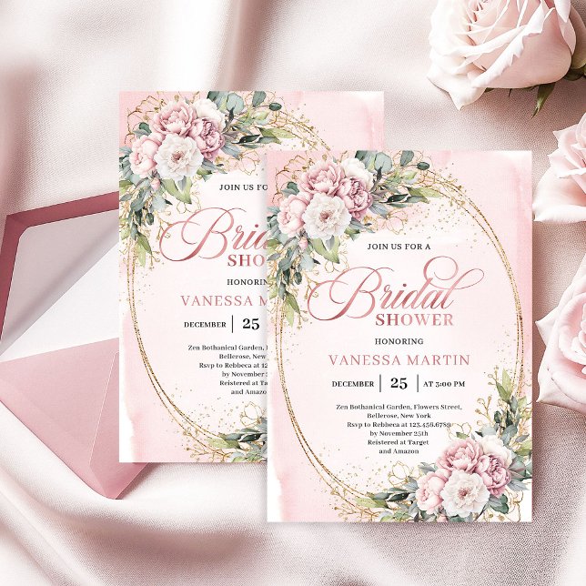 Convites Bohemian Blush Pink Flowers Gold Shower (Bohemian Blush Pink Flowers Gold Shower)