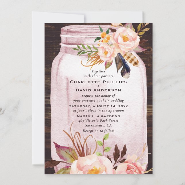 Convites Bohemian Blush Pink Mason Jar Casamento Floral (Frente)