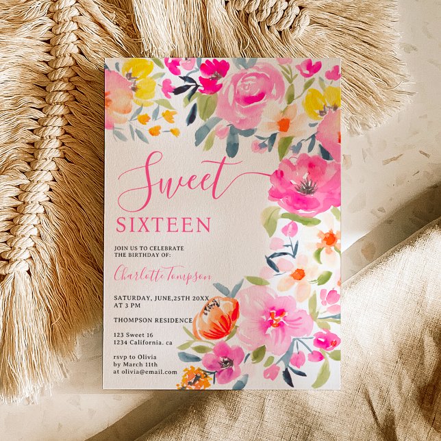 Convites Bohemian bold floral cor-de-água rosa Sweet 16 (Bohemian bold floral watercolor pink Sweet 16 Invitation on white)