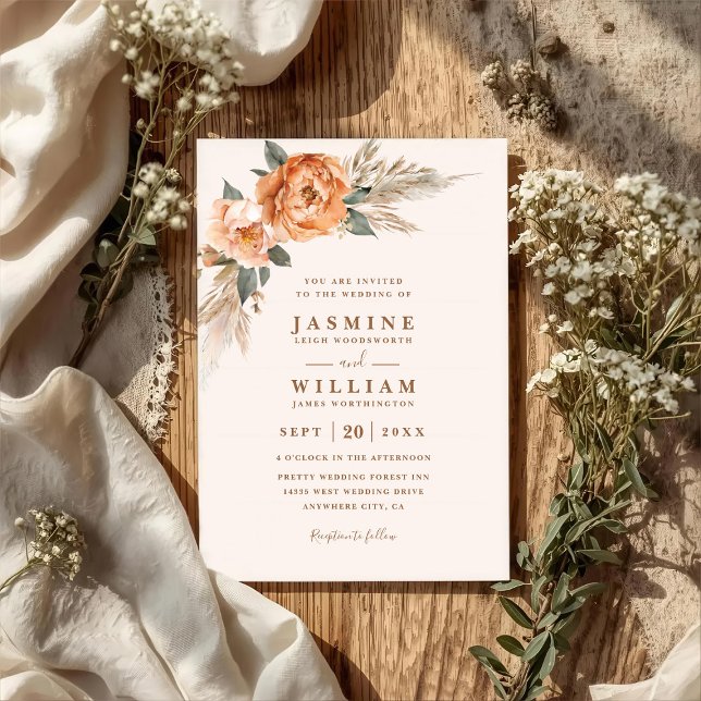 Convites Bohemian Bouquet Rustic Elegant QR Code Wedding (Criador carregado)