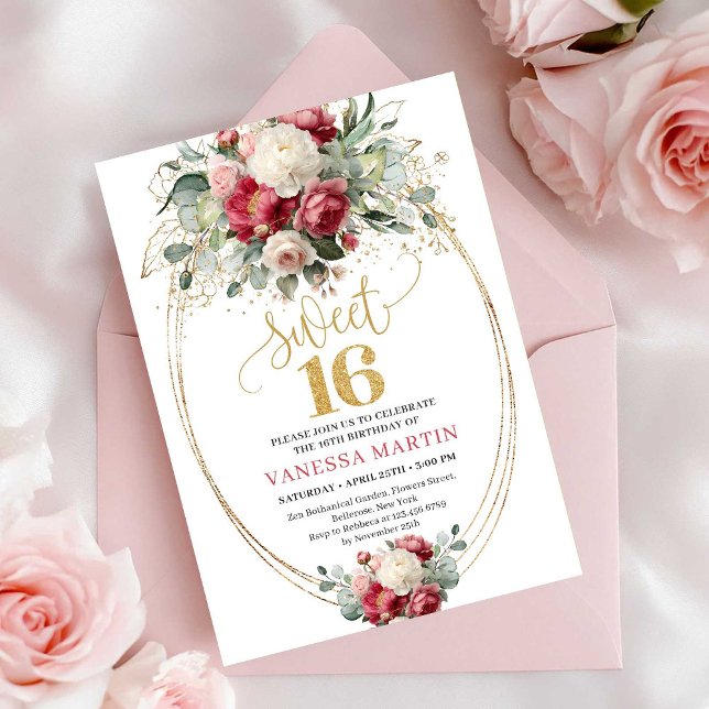 Convites Bohemian Burgundy Blush Floral Gold Sweet Sixteen (Bohemian Burgundy Blush Floral Sweet Sixteen Invitation)