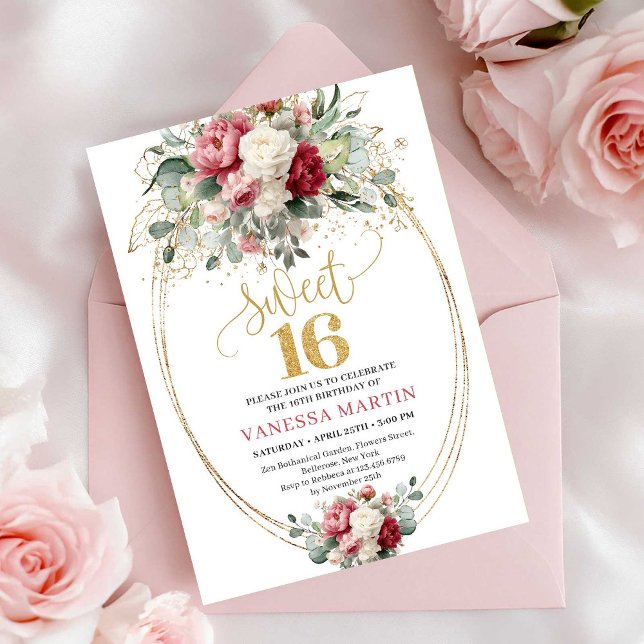 Convites Bohemian Burgundy Blush Greenery Sweet 16 Invites (Bohemian Burgundy Blush Greenery Sweet 16 Invitation)