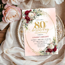 Convites Bohemian Burgundy Floral Milestone 80th Birthday 