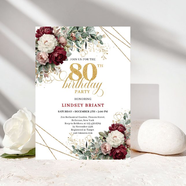 Convites Bohemian Burgundy Gold Floral 80th Birthday (Bohemian Burgundy Gold Floral 80th Birthday)