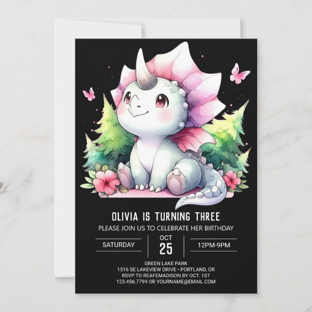 Convites Bohemian Dino Triceratops Aniversário (Frente)