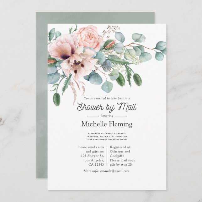 Convites Bohemian Eucalyptus Pink Poppy Chá por Correio (Frente/Verso)