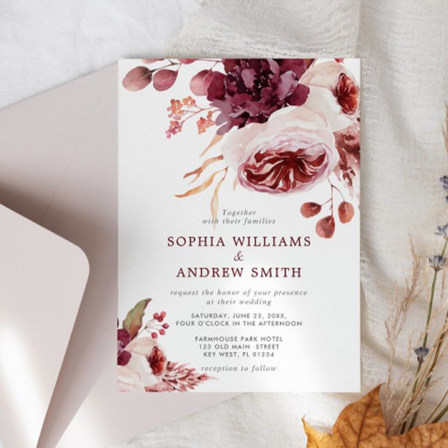 Convites Bohemian Fall Rosa Floral Wedding (Criador carregado)