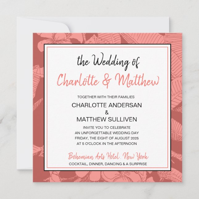 Convites Bohemian Floral Coral Watermark Modern Wedding (Frente)