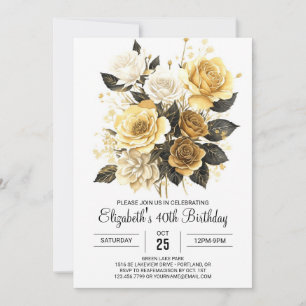 Convites Bohemian Floral Dourado e Black aniversário de 30