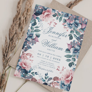 Convites Bohemian Floral Dusty Blue Wedw/ QR RSVP