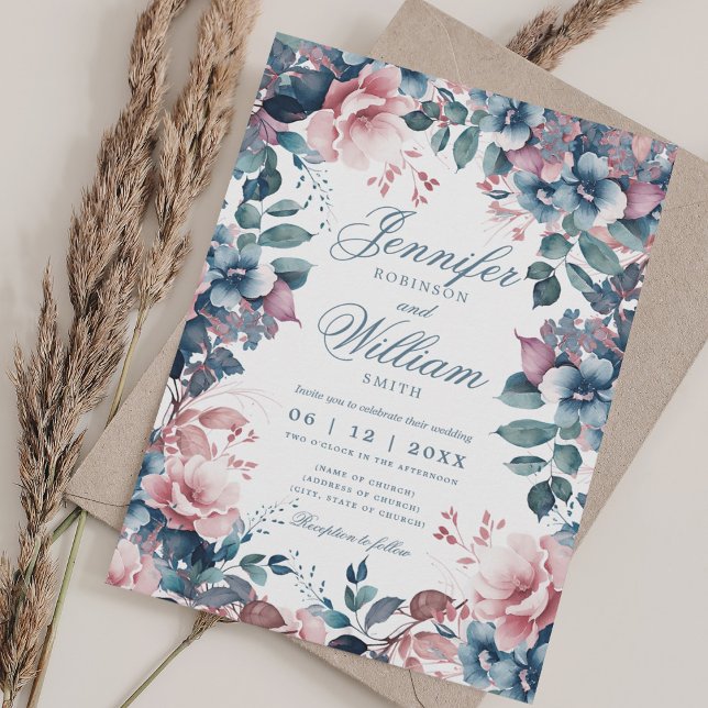 Convites Bohemian Floral Dusty Blue Wedw/ QR RSVP (Bohemian Floral Dusty Blue Wedding w/ QR RSVP Invitation)