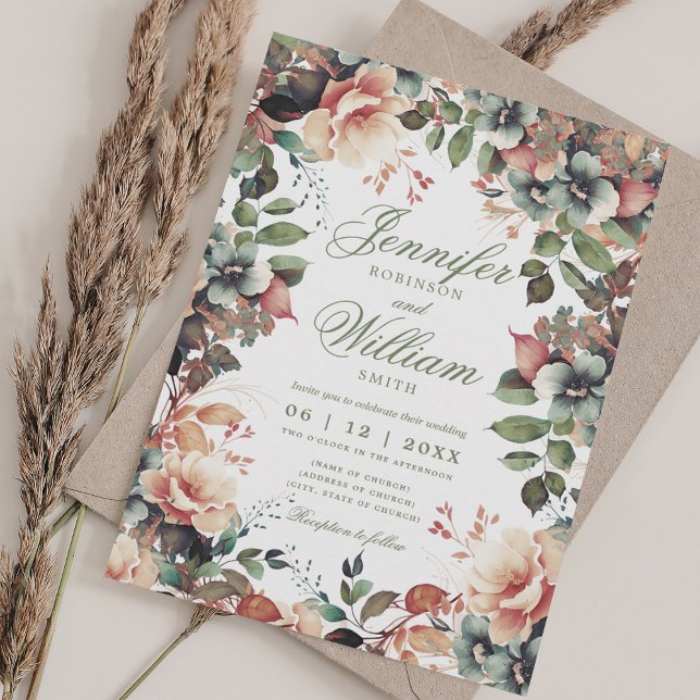 Convites Bohemian Floral Fall Autumn Wedc/ QR RSVP (Bohemian Floral Fall Autumn Wedding w/ QR RSVP Invitation)