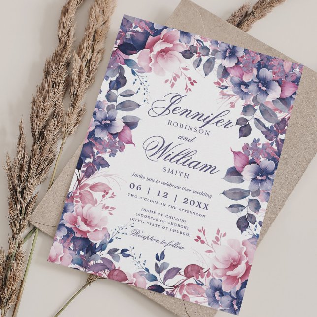 Convites Bohemian Floral Lavanda Purple Weds com QR RSVP (Bohemian Floral Lavender Purple Wedding w/ QR RSVP Invitation)