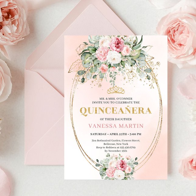 Convites Bohemian Pale Pink Rose Gold Quinceañera Card (Bohemian Pale Pink Rose Gold Quinceañera Card

)