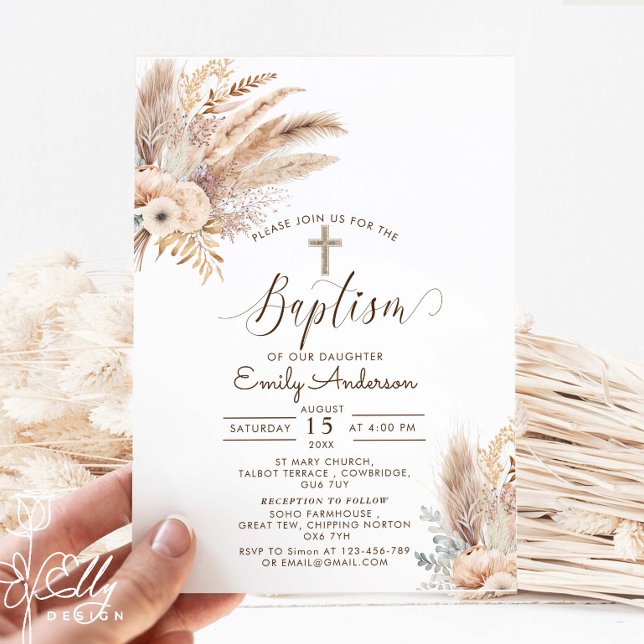Convites Bohemian Pampas Grass Baptism Christening (Criador carregado)