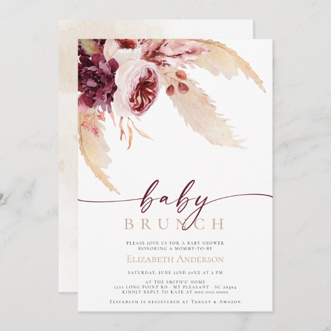 Convites Bohemian Pampas Tropical Grass Chá de fraldas Brun (Frente/Verso)