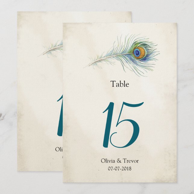 Convites Bohemian Peacock Feather Wedding Table Numbers (Frente/Verso)