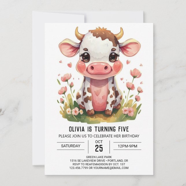 Convites Bohemian Pink Modern Cow Birthday (Frente)