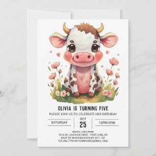 Convites Bohemian Pink Modern Cow Birthday