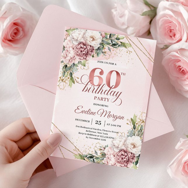 Convites Bohemian Rose Gold Floral Greenery 60th Birthday (Bohemian Rose Gold Floral Greenery 60th Birthday)