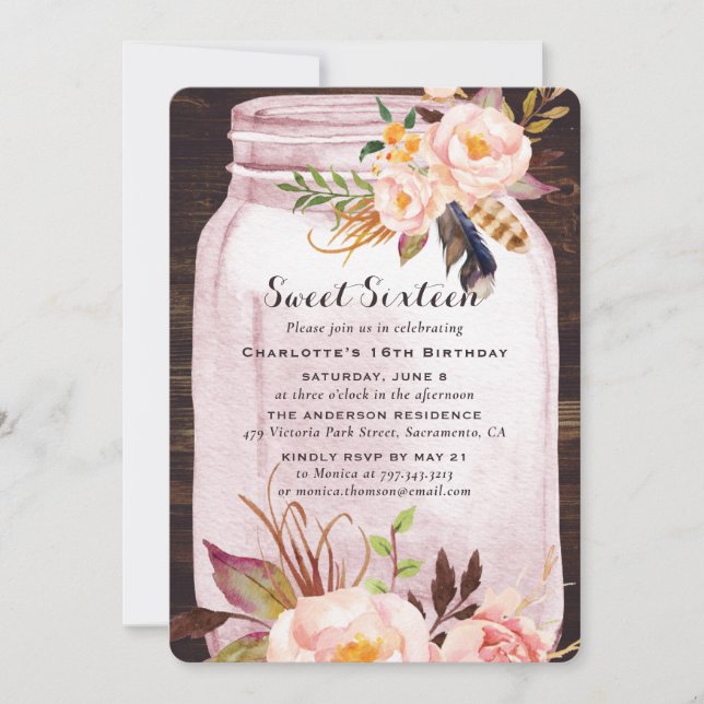 Convites Bohemian Rustic Mason Jar Pink Sweet 16 Aniversári (Frente)