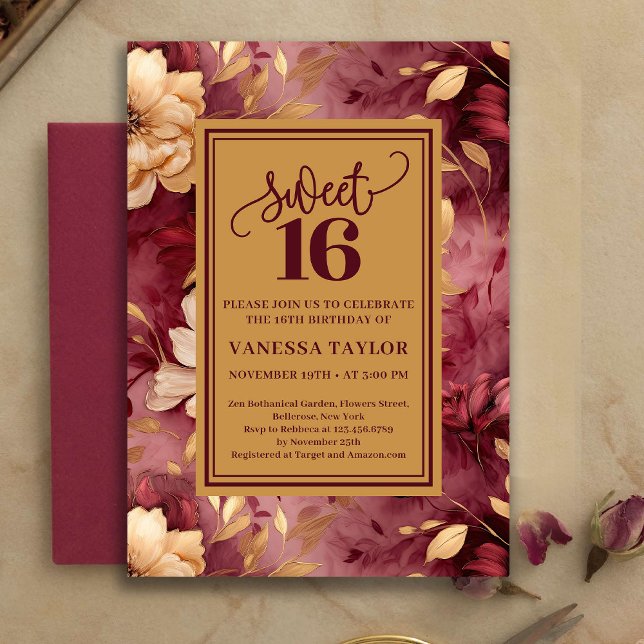 Convites Bohemian Sweet 16 Burgundy Blush Floral Invite (Bohemian Sweet 16 Burgundy Blush Floral Invite)