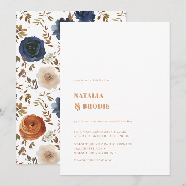 Convites Bohemian Terracotta Blue Floral Invitation (Frente/Verso)