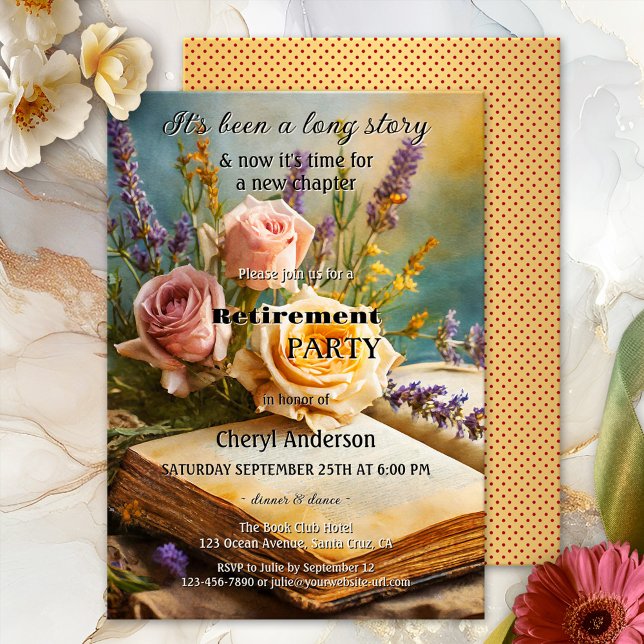 Convites Bohemian Vintage Books Floral Retirement (Shabby chic or bohemian retirement invitation showing a vintage book with pretty roses and lavender)
