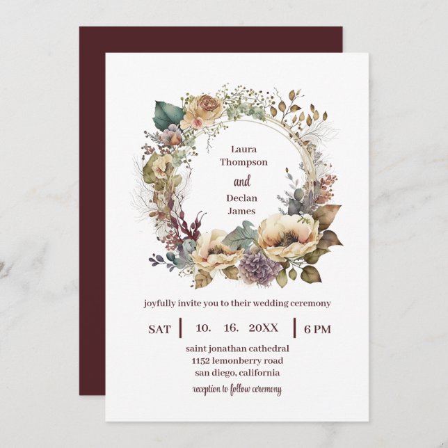Convites Bohemian Watercolor Floral Boho Wreath Wedding (Frente/Verso)