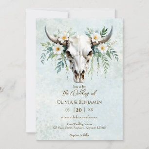 Convites Bohemian Watercolor Floral Cow Skull Casamento