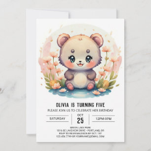 Convites Bohemian Watercolor Forest Bear Girl Aniversário