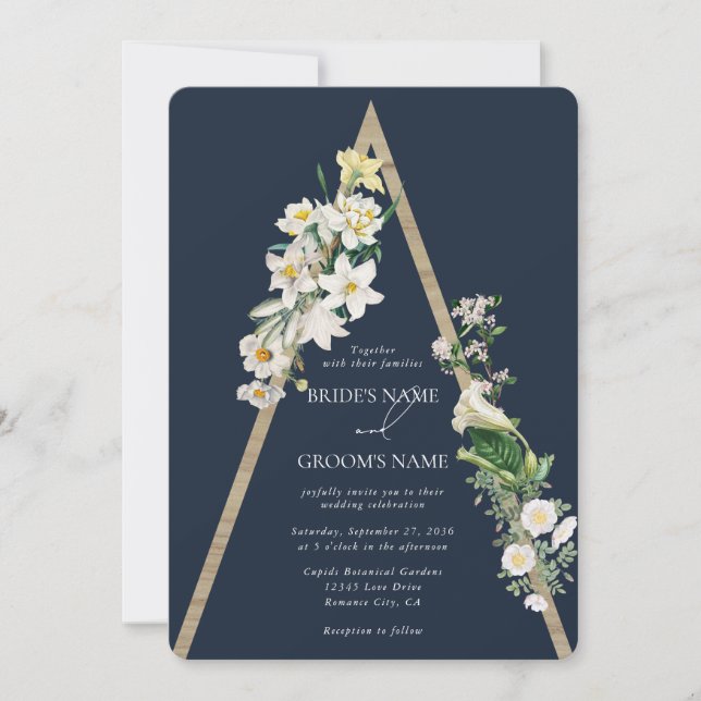 Convites Bohemian Wood Pyramid White Florals Blue Wedal (Frente)