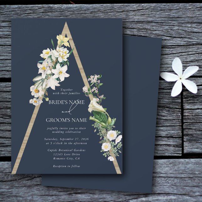 Convites Bohemian Wood Pyramid White Florals Blue Wedal (Bohemian Wood Pyramid White Florals Blue Wedding Invitation)