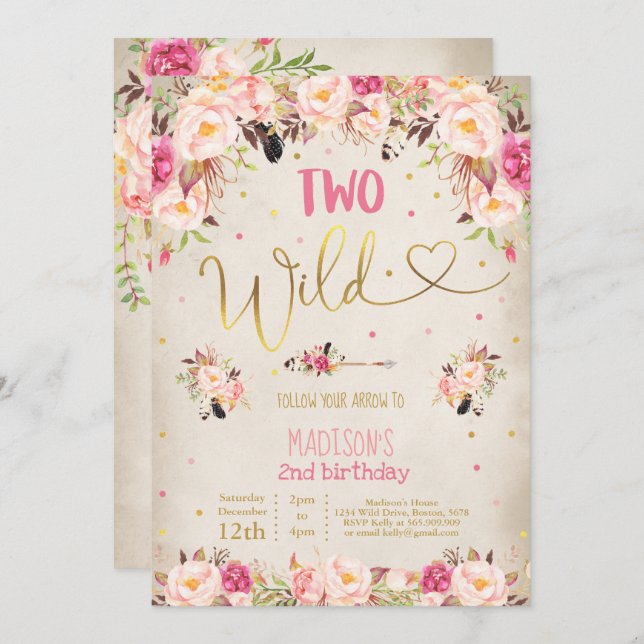 Convites Boho 2 Wilthday Invitation Watercolor Boho (Frente/Verso)